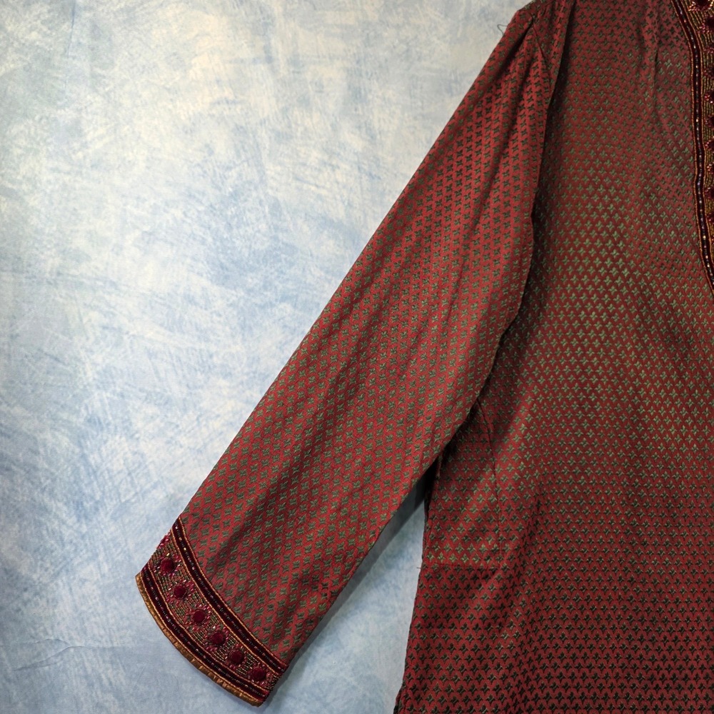 Mens Red Green Woven Kurta Tunic Embroidered Velvet Beadwork Traditional 105 - Picture 4 of 13